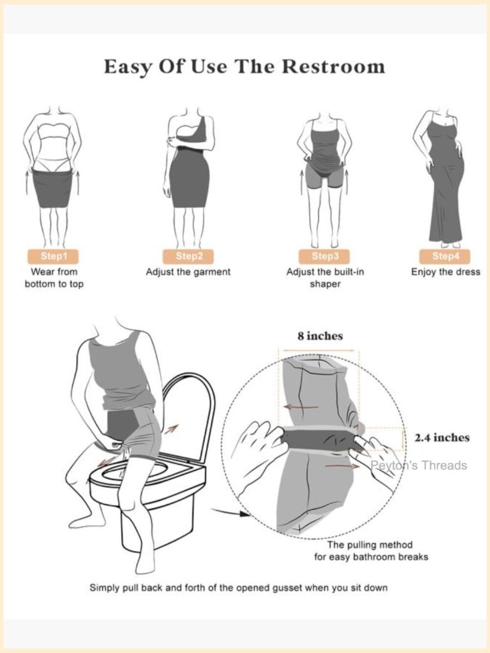 Shapewear Dress Built-in Bra Adjustable Straps Square Neck A-Line Midi Slip - Picture 4 of 7